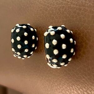 Vintage Joan Rivers black and white polka dot enamel clip earrings